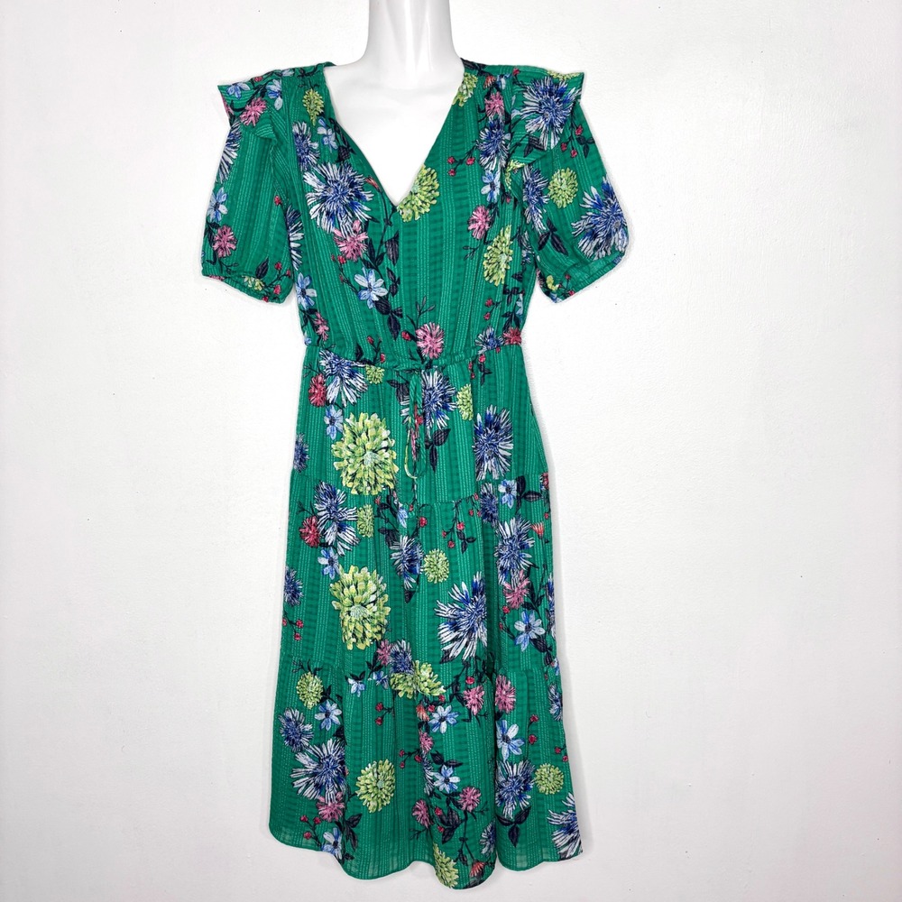 LOFT Dress Womens XXSP Green Floral Ruffle Tiered Midi Drawstring Waist Boho